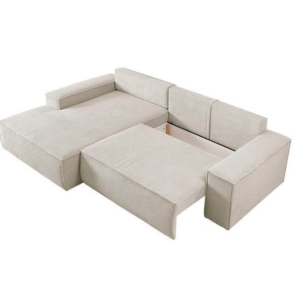 4. Bild von Ecksofa mit Schlaffunktion + Bettkasten Recamiere links Cord hellbeige