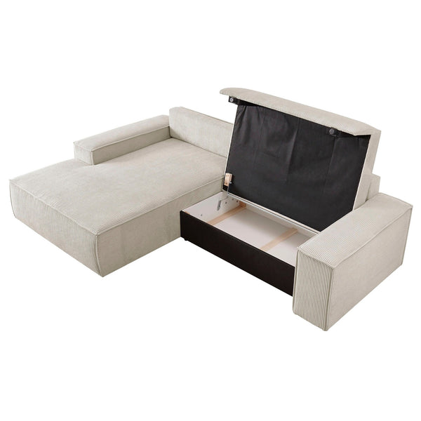 5. Bild von Ecksofa mit Schlaffunktion + Bettkasten Recamiere links Cord hellbeige