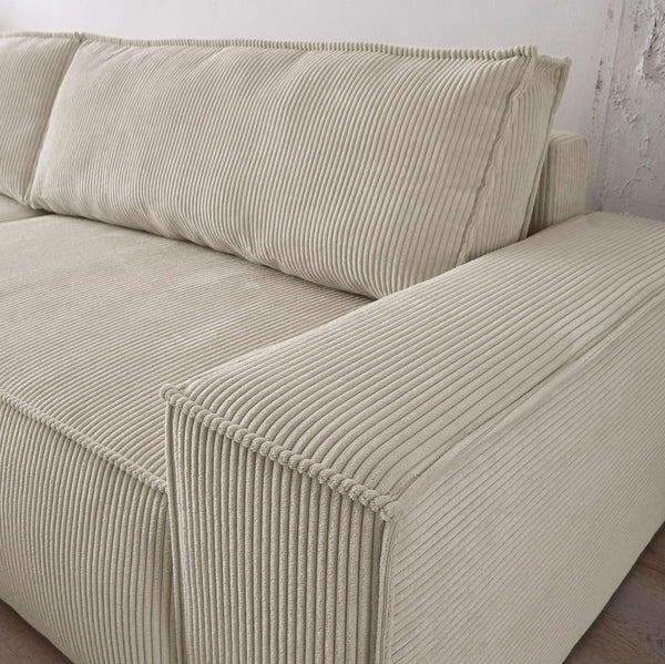 9. Bild von Ecksofa mit Schlaffunktion + Bettkasten Recamiere links Cord hellbeige